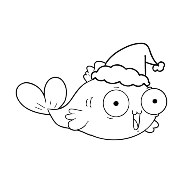 Feliz Goldfish Mão Desenhada Linha Desenho Chapéu Pai Natal Vestindo — Vetor de Stock