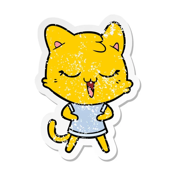 Verontruste sticker van een happy cartoon kat — Stockvector