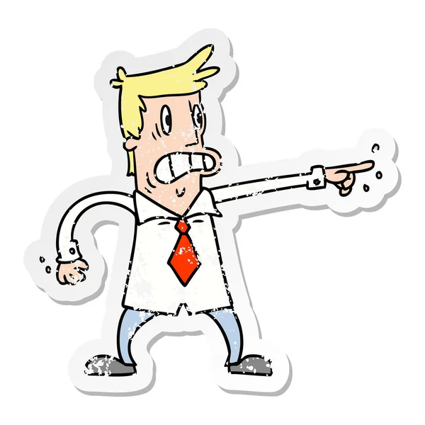 Distressed sticker cartoon doodle man pointing looking worried — Stock Vector