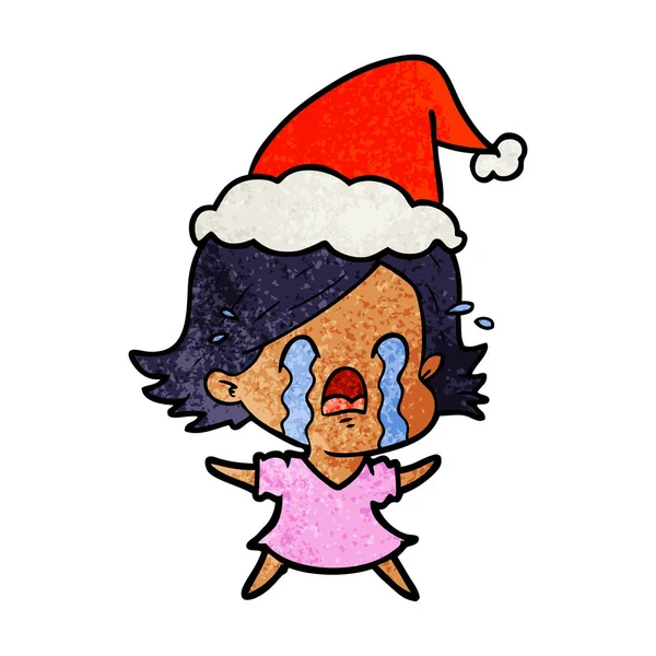Caricatura texturizada de una mujer llorando con sombrero de santa — Vector de stock