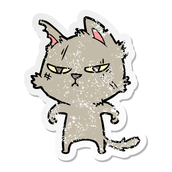 Distressed Sticker Tough Cartoon Cat — Stock Vector