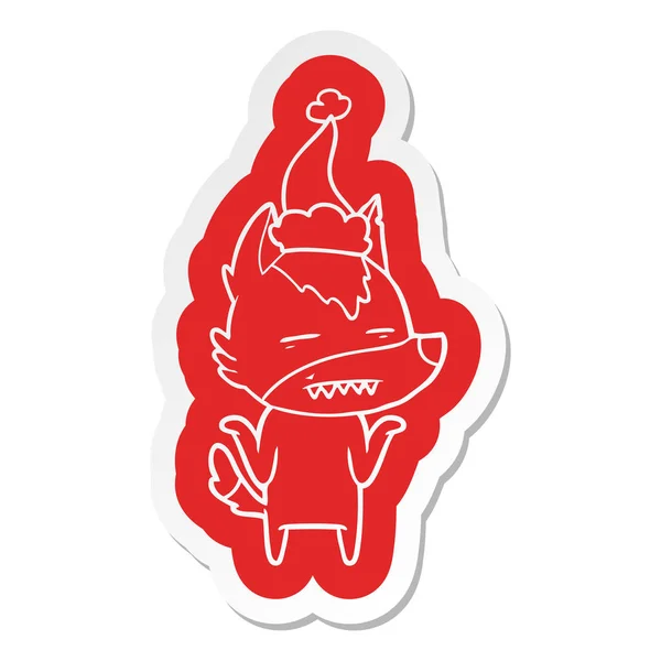 Cartoon klistermärke på en varg som visar tänderna santa hatt — Stock vektor