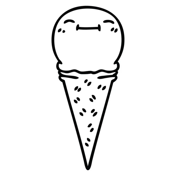 Dessin de ligne bizarre dessin animé crème glacée heureuse — Image vectorielle