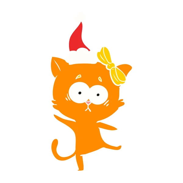 Flat color illustration of a cat wearing santa hat — Stock Vector
