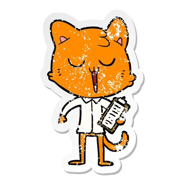 Verontruste sticker van een cartoon kat zingen — Stockvector