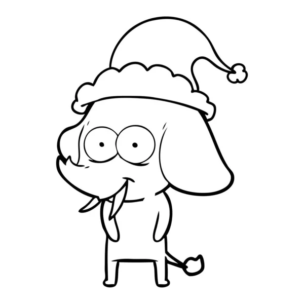 Dibujo de línea feliz de un elefante con sombrero de santa — Vector de stock