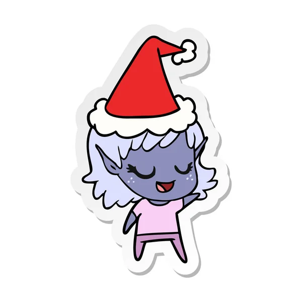 Glückliche Handgezeichnete Sticker Karikatur Eines Elfenmädchens Mit Weihnachtsmütze — Stockvektor