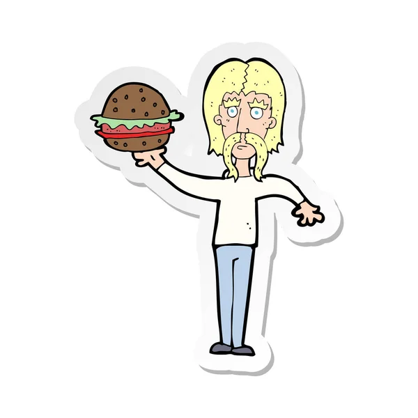 Sticker of a cartoon man with burger — Stock Vector