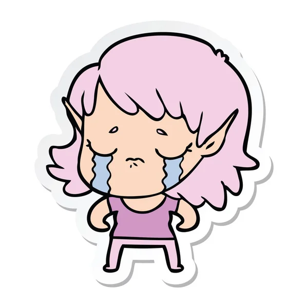 Sticker Cartoon Crying Elf Girl — Stock Vector