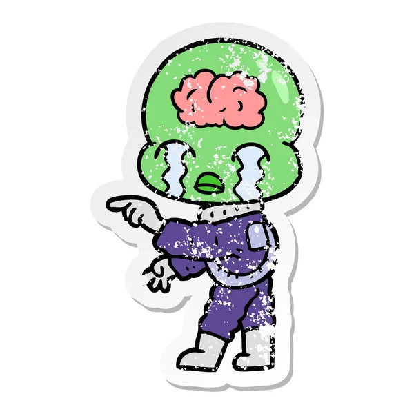 Distressed Sticker Cartoon Big Brain Alien Crying Pointing — Stock Vector