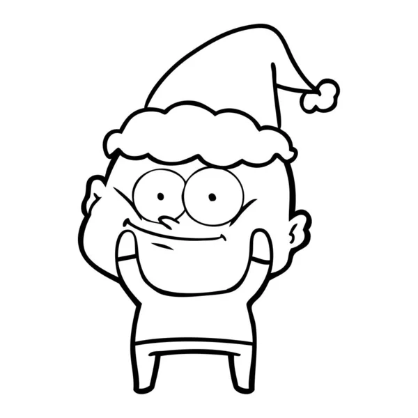 Disegno a linee di un uomo calvo che fissa indossando il cappello di Babbo Natale — Vettoriale Stock