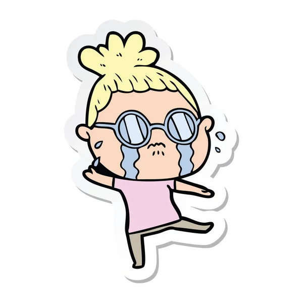 Sticker van een cartoon huilende vrouw dragen van bril — Stockvector