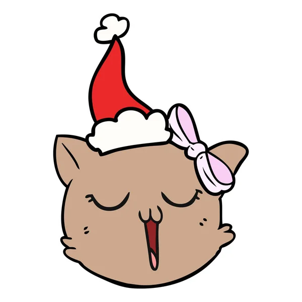 Disegno a linee di una faccia di gatto che indossa il cappello di Babbo Natale — Vettoriale Stock