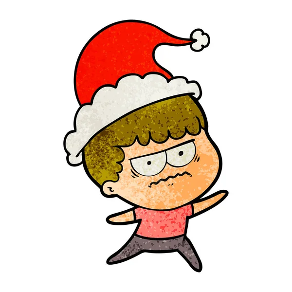 Textured cartoon of a annoyed man wearing santa hat — Stock Vector