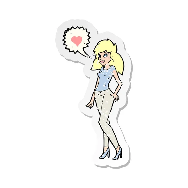 Aşk kalp karikatür kadınla Retro sıkıntılı etiket — Stok Vektör