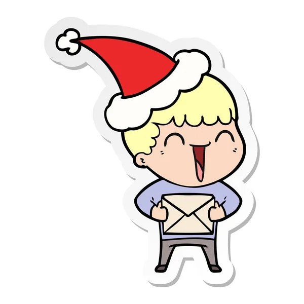 Aufkleber Karikatur eines glücklichen Mannes mit Weihnachtsmütze — Stockvektor