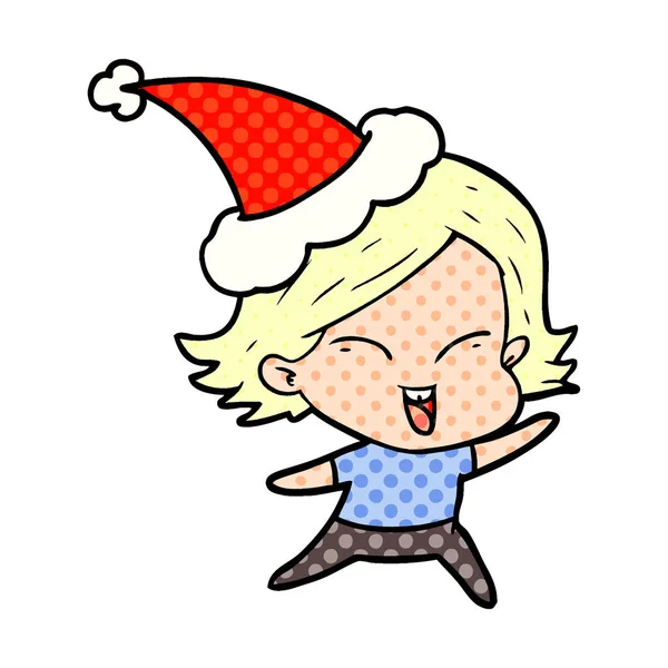 快乐漫画书风格的插图一个女孩戴着圣诞老人的帽子 — 图库矢量图片