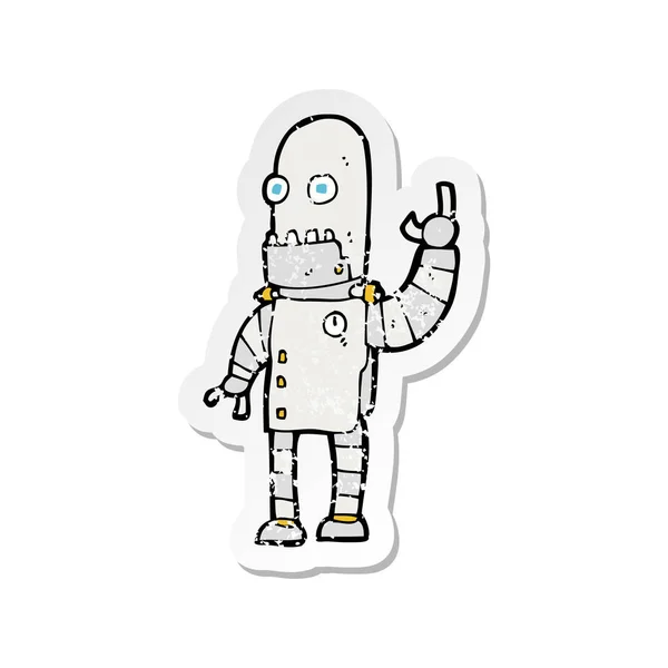 Retro distressed sticker of a cartoon waving robot — Stock Vector
