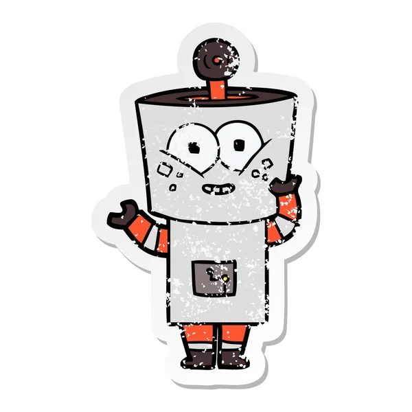 Merhaba sallayarak bir mutlu karikatür robot sıkıntılı etiket — Stok Vektör