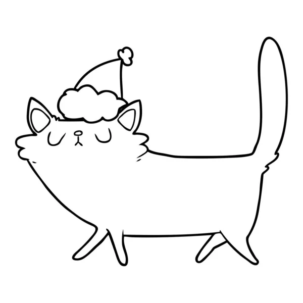 サンタの帽子を身に着けている黒い猫の描かれた線画を手します — ストックベクタ