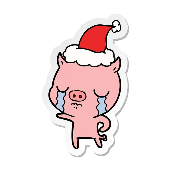 Handgezeichnete Sticker Karikatur Eines Weinenden Schweins Mit Weihnachtsmütze — Stockvektor