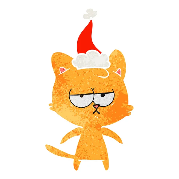 Bored retro cartoon of a cat wearing santa hat — Stock Vector