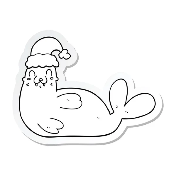 Adesivo Cartone Animato Tricheco Natale — Vettoriale Stock