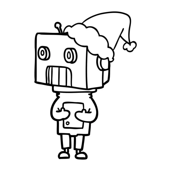 Handgezeichnete Linienzeichnung Eines Roboters Mit Weihnachtsmütze — Stockvektor