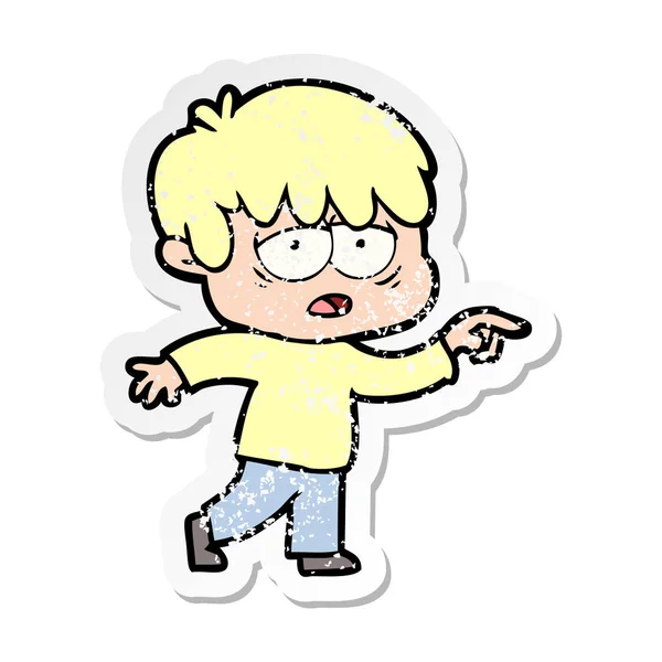 Verontruste sticker van een cartoon uitgeput jongen — Stockvector