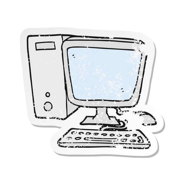 Pegatina retro angustiado de una computadora de escritorio de dibujos animados — Archivo Imágenes Vectoriales