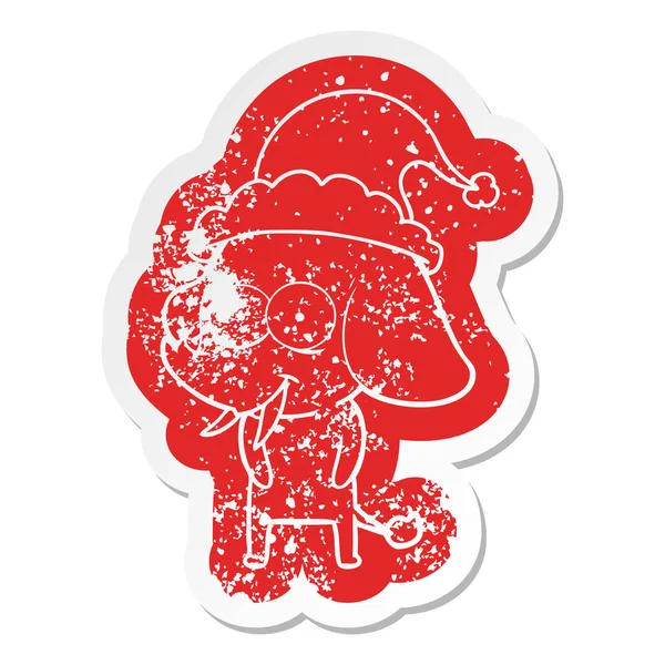 Happy Cartoon Distressed Aufkleber eines Elefanten mit Weihnachtsmütze — Stockvektor