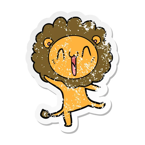 Distressed Sticker Happy Cartoon Lion — Stock Vector