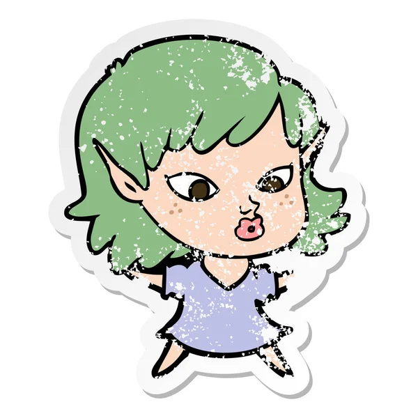 Distressed sticker of a pretty cartoon elf girl — Stock Vector