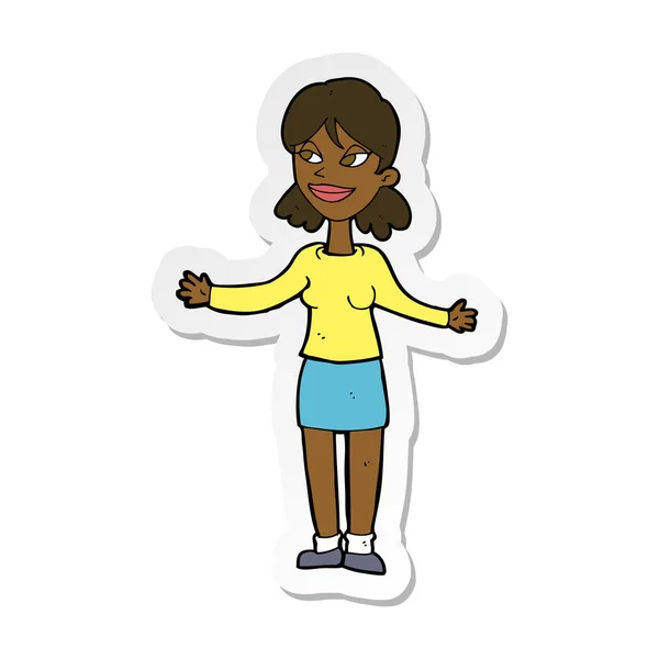 Sticker of a cartoon happy woman shrugging shoulders — Stock Vector