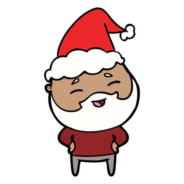 Desenho Linha Desenhada Mão Homem Barbudo Feliz Usando Chapéu Santa — Vetor de Stock