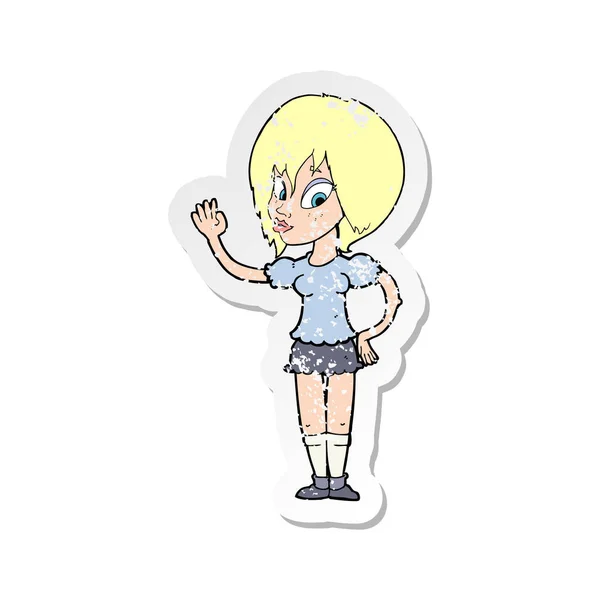 Retro angustiado pegatina de una caricatura bonita mujer saludando — Vector de stock