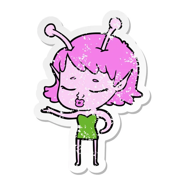 Distressed sticker of a cute alien girl cartoon — Stock Vector