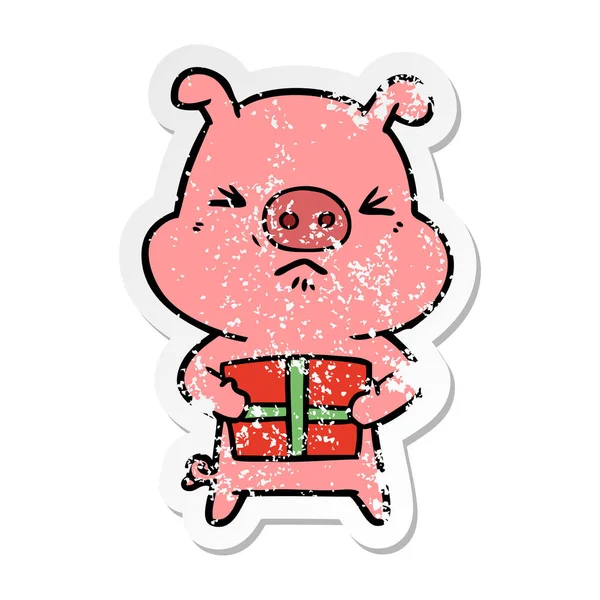 Страшна наклейка мультяшної сердитої свині з подарунком на Різдво — стоковий вектор