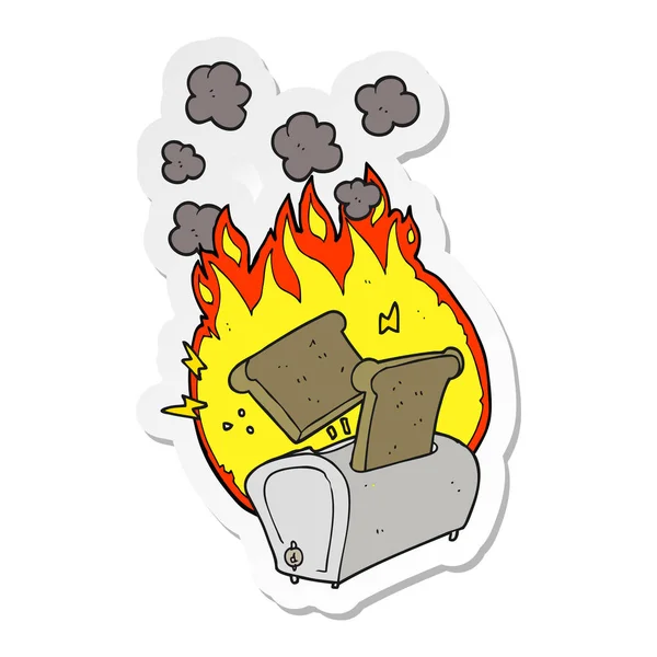 Sticker of a cartoon burning toaster — Stock Vector