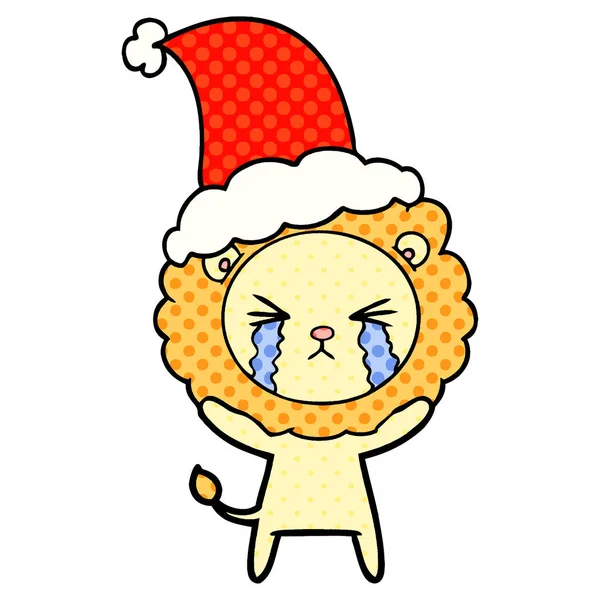 Comic book style illustration of a crying lion wearing santa hat — стоковый вектор