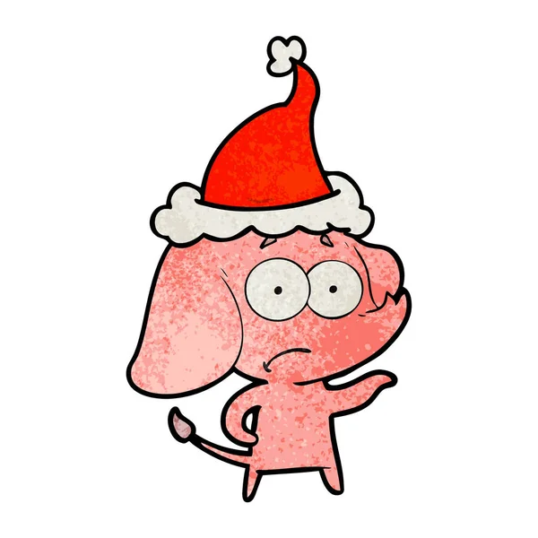 Desenhos animados texturizados de um elefante inseguro usando chapéu de Papai Noel — Vetor de Stock