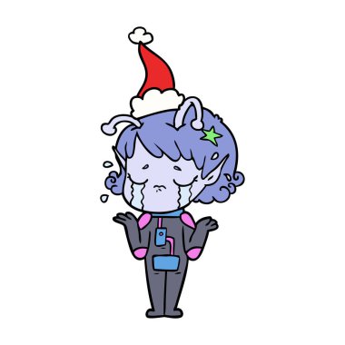 çizim için ağlayan bir uzaylı kızın santa şapka