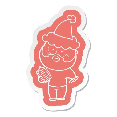 Pano ve santa şapka kalem ile sakallı bir adamın ilginç çizgi film etiketi