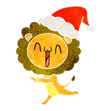 mutlu retro çizgi film Noel Baba şapkası giyen aslan