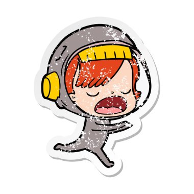 çalışan bir karikatür astronot kadının sıkıntılı etiket