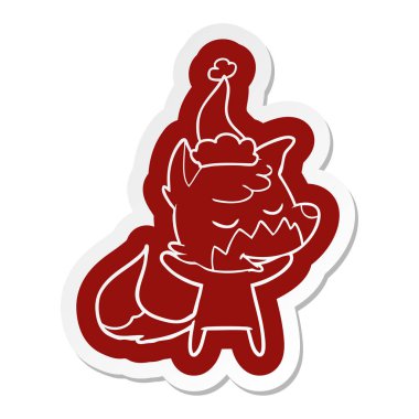 Noel Baba şapkası giyen bir tilkinin dostu karikatür etiket