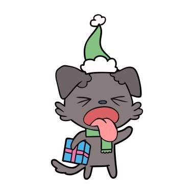 sant giyen Noel hediyesi bıkkın bir köpek çizim için