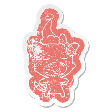 Noel Baba şapkası giyen bir esneme kedinin ilginç karikatür sıkıntılı etiket