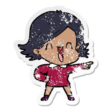 işaret eden bir çizgi film gülen kadının sıkıntılı etiket