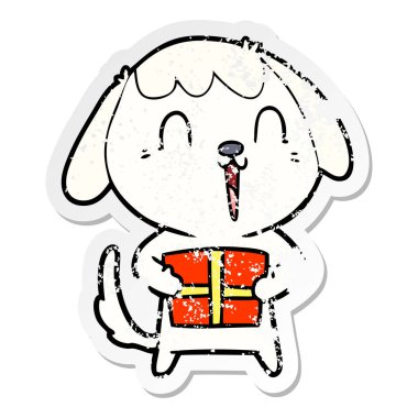 Noel hediyesi bir sevimli çizgi köpek sıkıntılı etiket